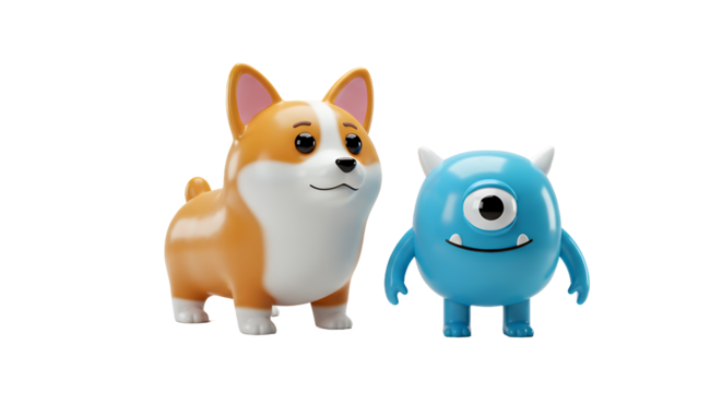 Adorable 3D Render of a Corgi and a One Eyed Monster Friends Cartoon Characters Digital Art