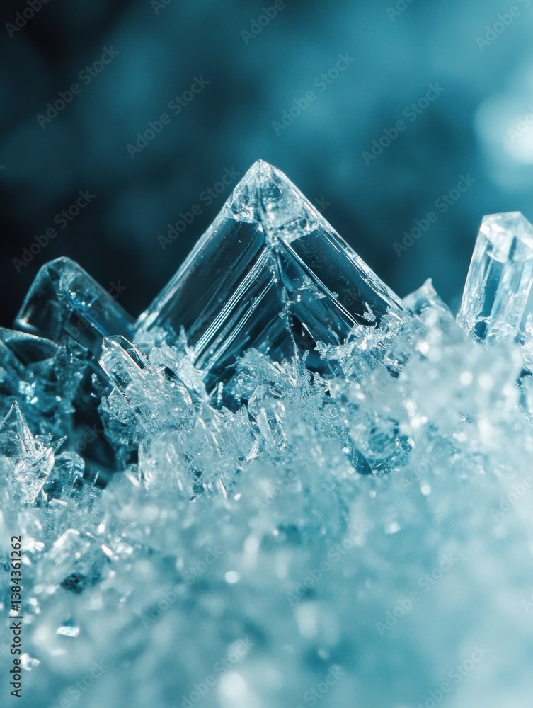 Poster macro shot of delicate frozen ice crystals showcasing abstract patterns in soft blue-white hues for 