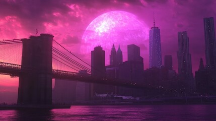 Obraz premium Pink moonrise over NYC skyline, bridge, fantasy art, poster