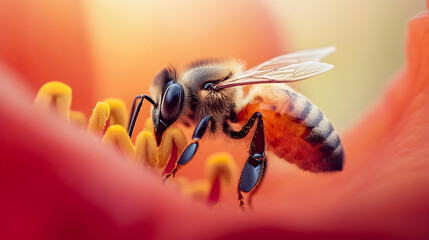 Close-up of a honeybee resting delicately on a blooming tomato flower