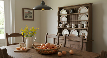 Rustic Farmhouse Dining Area With Plate Rack and Fresh Eggs Still Life