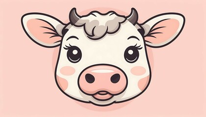 Cartoon Cow Face Illustration of Adorable Farm Animal with Pink Background