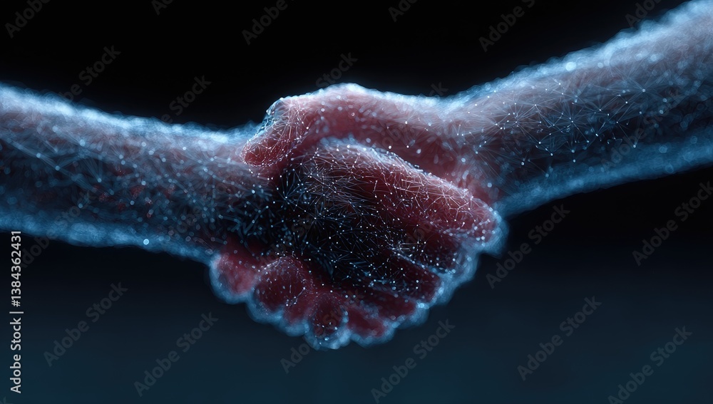 Poster glowing particle handshake: abstract digital connection