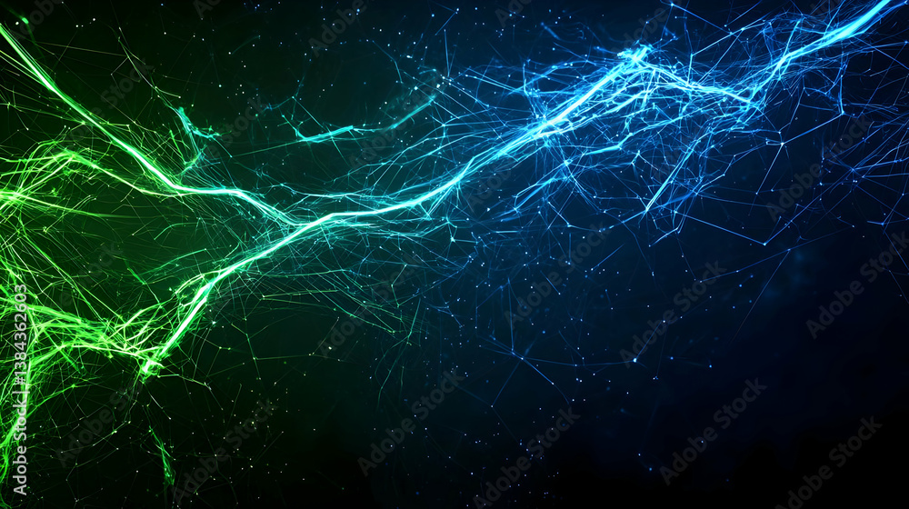 Poster abstract digital design with glowing lines and particles