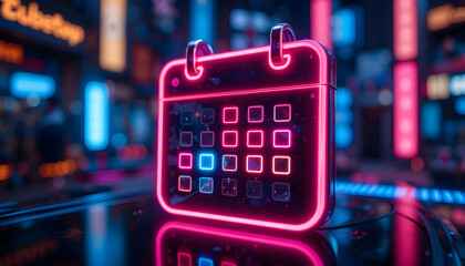 Neon Calendar Icon Glowing in a Vibrant Cityscape Setting