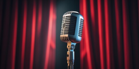 Vintage microphone standing in front of dramatic red stage curtains, symbolizing performance, music, retro broadcasting, public speaking, and classic entertainment atmosphere.