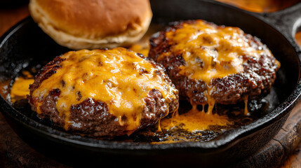 Sizzling Two Beef Patties with Melted Cheese in Cast Iron Skillet on Rustic Wooden Table