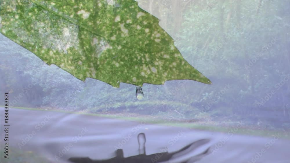 Poster dripping water from leaf into pond, forest background creating animation effect