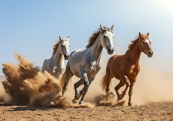 Naklejka premium Three Majestic Horses in Full Gallop Kick Up Dust in the Desert. Generative Ai