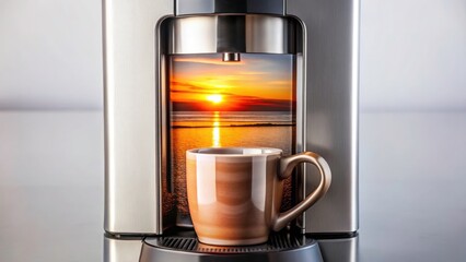 Sunset Coffee Machine Metal Mug, Close Up Long Exposure Photography, Vertical Shot