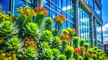 Fototapeta premium Sun Spurge Architectural Photography: Blooming Flowers, Unripe Fruits, Modern Building Facade