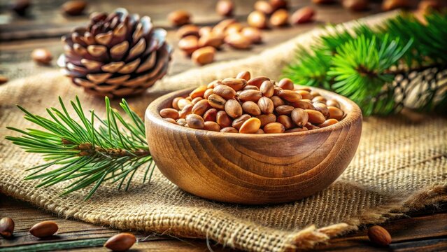 Pine Nuts in Wooden Bowl: Tilt-Shift Photography of Pignoli, Pinoli, Pinon