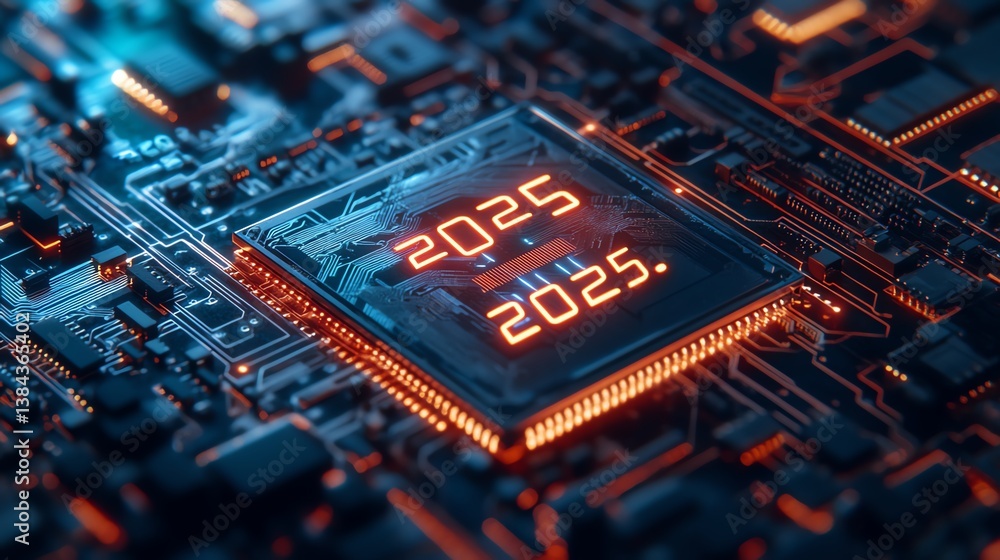 Poster futuristic microchip with glowing numbers signifying the year 2025 displayed on a complex circuit bo