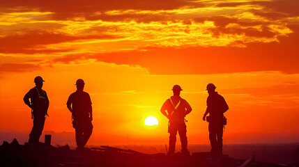 Fototapeta premium Construction workers inspecting a site at sunrise with safety gear