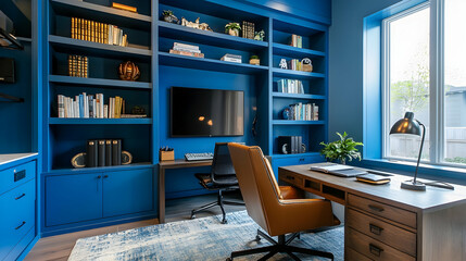 Contemporary home office setup featuring blue wall shelving, perfect for virtual meetings