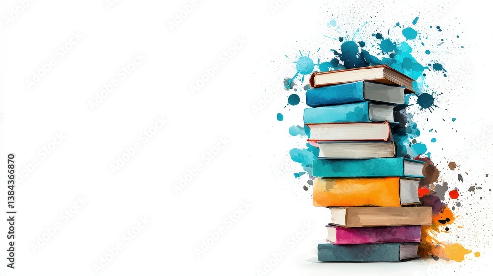 Poster a stack of books with a splash of color on the background
