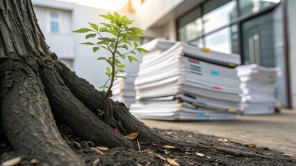 Obraz premium A small plant sprout emerges from tree roots near a stack of papers symbolizing growth and environmental awareness