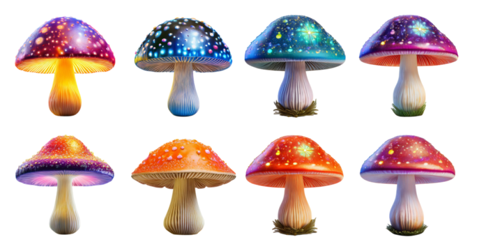 Colorful Fantasy Mushrooms Collection with Bright Starry Patterns, PNG bundle collection, Isolated on Transparent Background