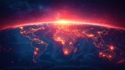 Global city lights sunrise view from space