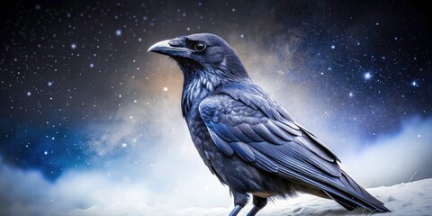 Raven Night Landscape Photography - Dark Birdscape, Mysterious Forest, Moonlit Shadows