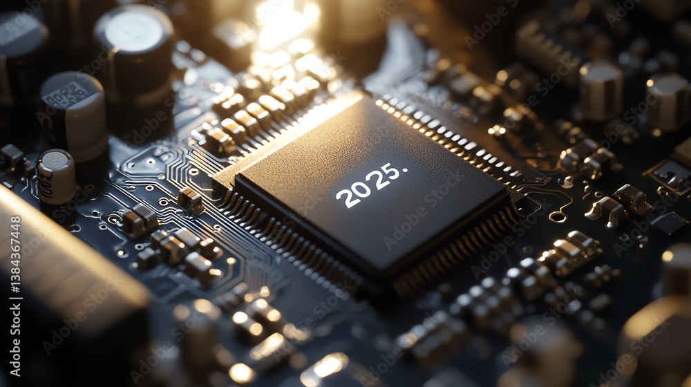 Poster microchip with 2025 designation on a circuit board showcasing advanced technology in electronics and