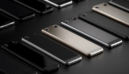 Many smartphones of different colors are arranged on a black surface