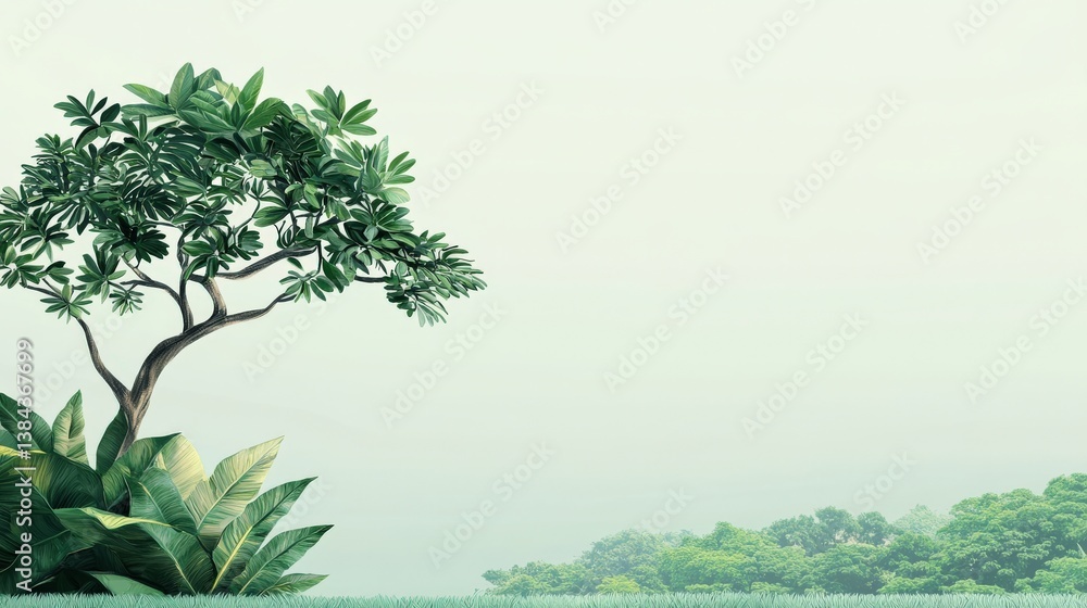 Poster a tree is in the foreground of a picture with a green background