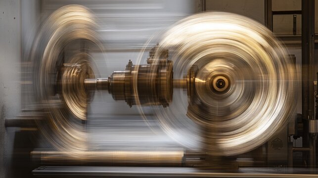 Metal lathe spinning, workshop, industrial process, motion blur - Powered by Adobe