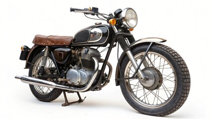 Classic Vintage Motorcycle Black and Brown Leather Seat Studio Shot