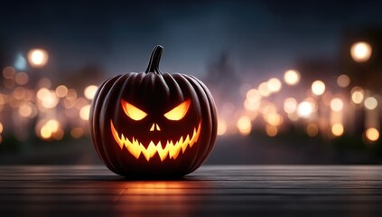 Fototapeta premium Illuminated Carved Pumpkin on Wooden Surface with City Lights Background