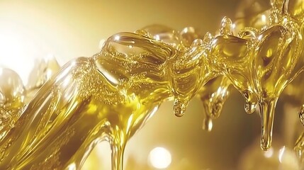 Golden liquid flowing with bubbles and drips