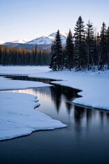 Fototapeta premium snowy river with snow on the ground and trees in the background