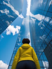Fototapeta premium Rear view of a person in a yellow jacket gazing up at reflective glass skyscrapers against a blue sky, symbolizing aspiration, ambition, urban exploration, and future possibilities.