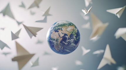 Paper Airplanes Flying Around a Globe Representing Travel and Exploration