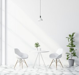 Modern minimalist dining area with white furniture and marble floor