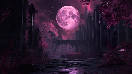 Obraz premium Pink Moon over Desolate City Ruins: A Surreal Night Landscape
