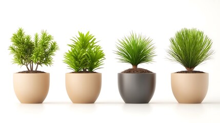 Obraz premium Four potted plants in a row, showing different shapes and colors, isolated on a white background