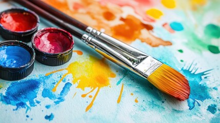 Obraz premium Colorful paint splatters on paper with paint pots and art brushes.