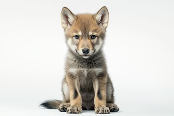 Fototapeta premium Wolf pup sits in a studio with a white background, suitable for nature or pet-related content
