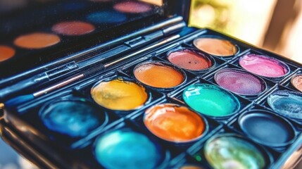 Naklejka premium Close-up of a makeup palette with various colors. Palette is black, contains circular compartments filled with colorful pigments, and a makeup brush is visible.