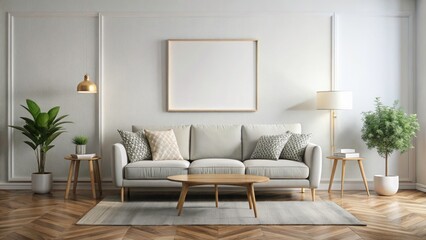Minimalist Living Room Mockup: Empty White Poster, Couch, Wall Art, Printable Template