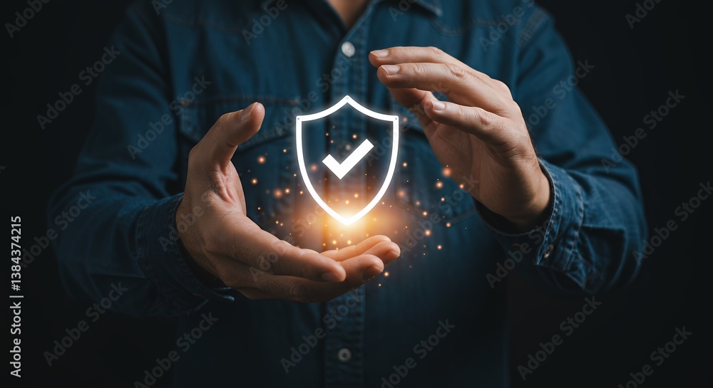 Poster man protects digital security with shield in hands symbolizing data protection and cybersecurity ens