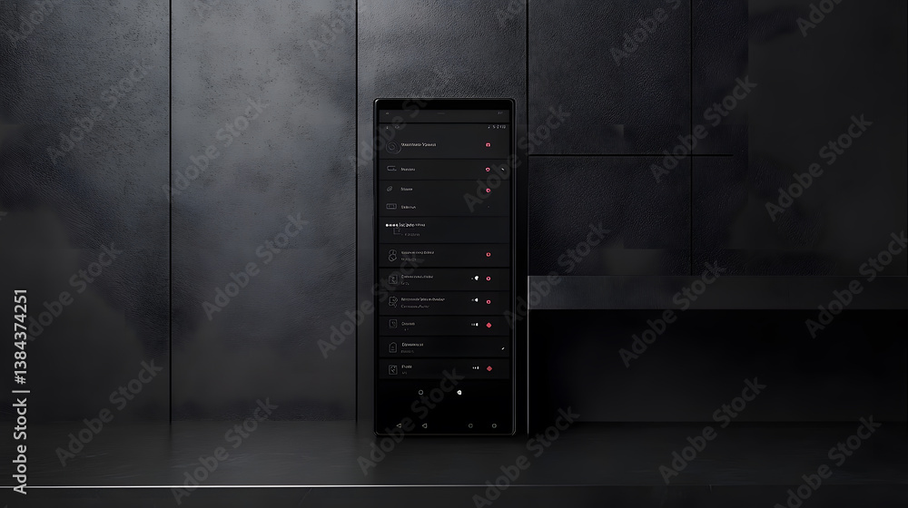 Poster a sleek black smartphone displays a minimalist smart home control interface against a dark textured 