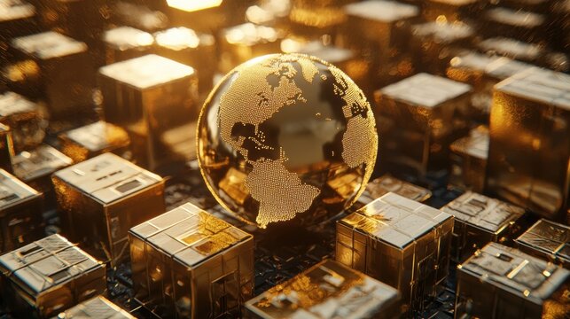 Golden Globe Overlapping Digital Cubes in Abstract Technology Scene