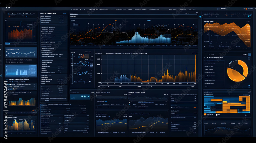 Poster dark dashboard displays various charts and graphs, showcasing data analysis and visualization. ideal