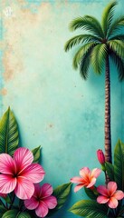Colorful palm trees and flowers on a textured paper-like background , flowers, pattern