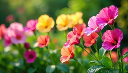 Obraz premium Colorful sweet pea flowers blooming in a lush green garden , garden, greenery