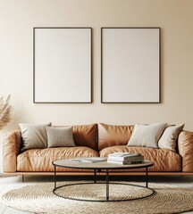 Tan leather sofa, two blank frames, coffee table, rug, and pampas grass in a minimalist living room.