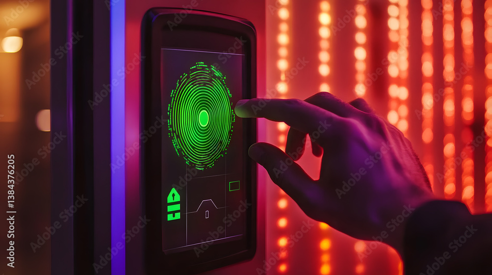 Poster a hand interacts with a futuristic touchscreen displaying a green fingerprint scan graphic. the back