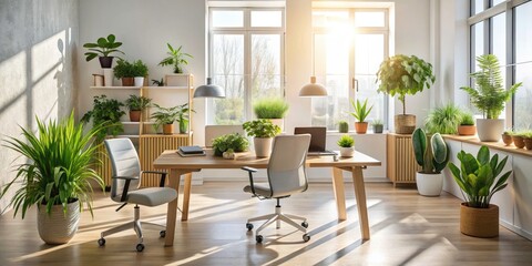 Sunlit Modern Office Design: Plants, Workspace, Productivity, Minimalist Desk Setup, Bright Interior, Green Office, Home Office Ideas, Contemporary Workspace